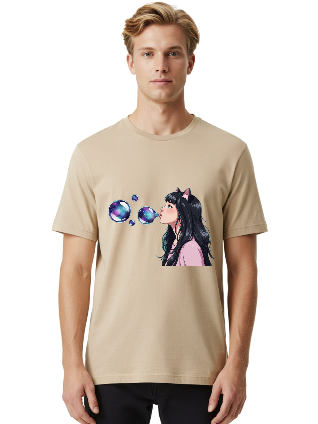 Girl-Blowing-Galaxy-Bubbles Men'S Graphic Tee, 100% Cotton, Comfortable Casual Summer Wear, Machine Washable, Vintage Camera, Old Camera, Antique Camera, Black Camera, Classic Photography, Photography Equipment, Nostalgic Device, Film Camera, Bak685