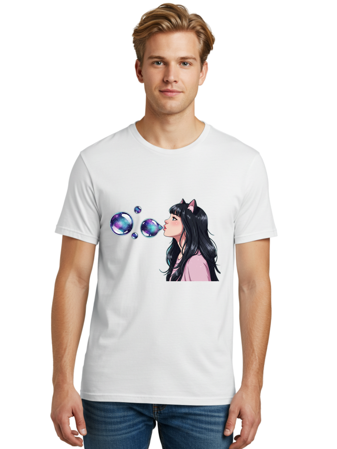 Girl-Blowing-Galaxy-Bubbles Men'S Graphic Tee, 100% Cotton, Comfortable Casual Summer Wear, Machine Washable, Vintage Camera, Old Camera, Antique Camera, Black Camera, Classic Photography, Photography Equipment, Nostalgic Device, Film Camera, Bak685