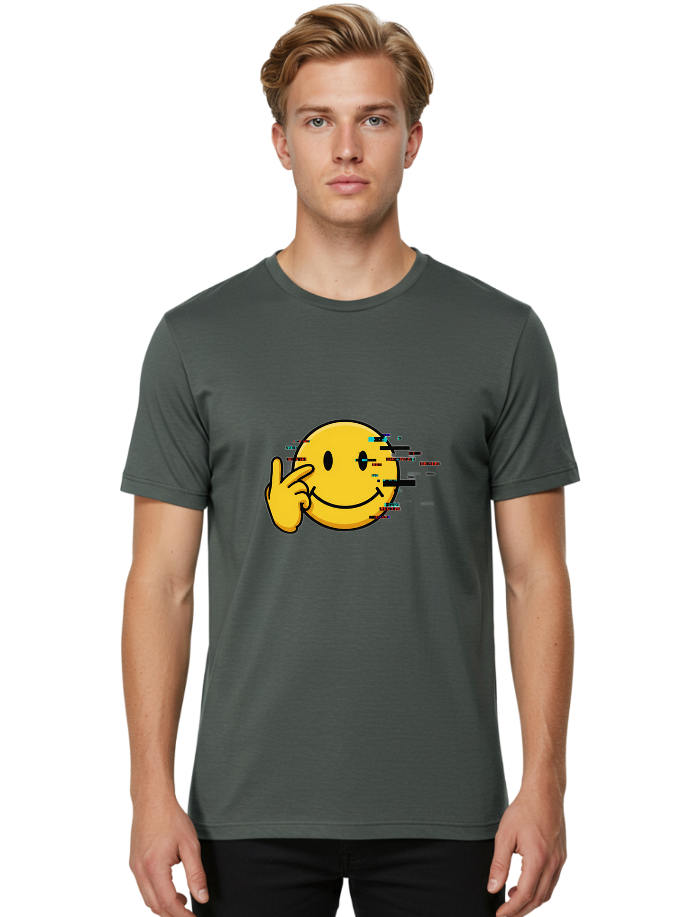 Glitch-Smiley Men'S Graphic Tee, 100% Cotton, Comfortable Casual Summer Wear, Machine Washable, Vintage Camera, Old Camera, Antique Camera, Black Camera, Classic Photography, Photography Equipment, Nostalgic Device, Film Camera, Camera Art Bak695