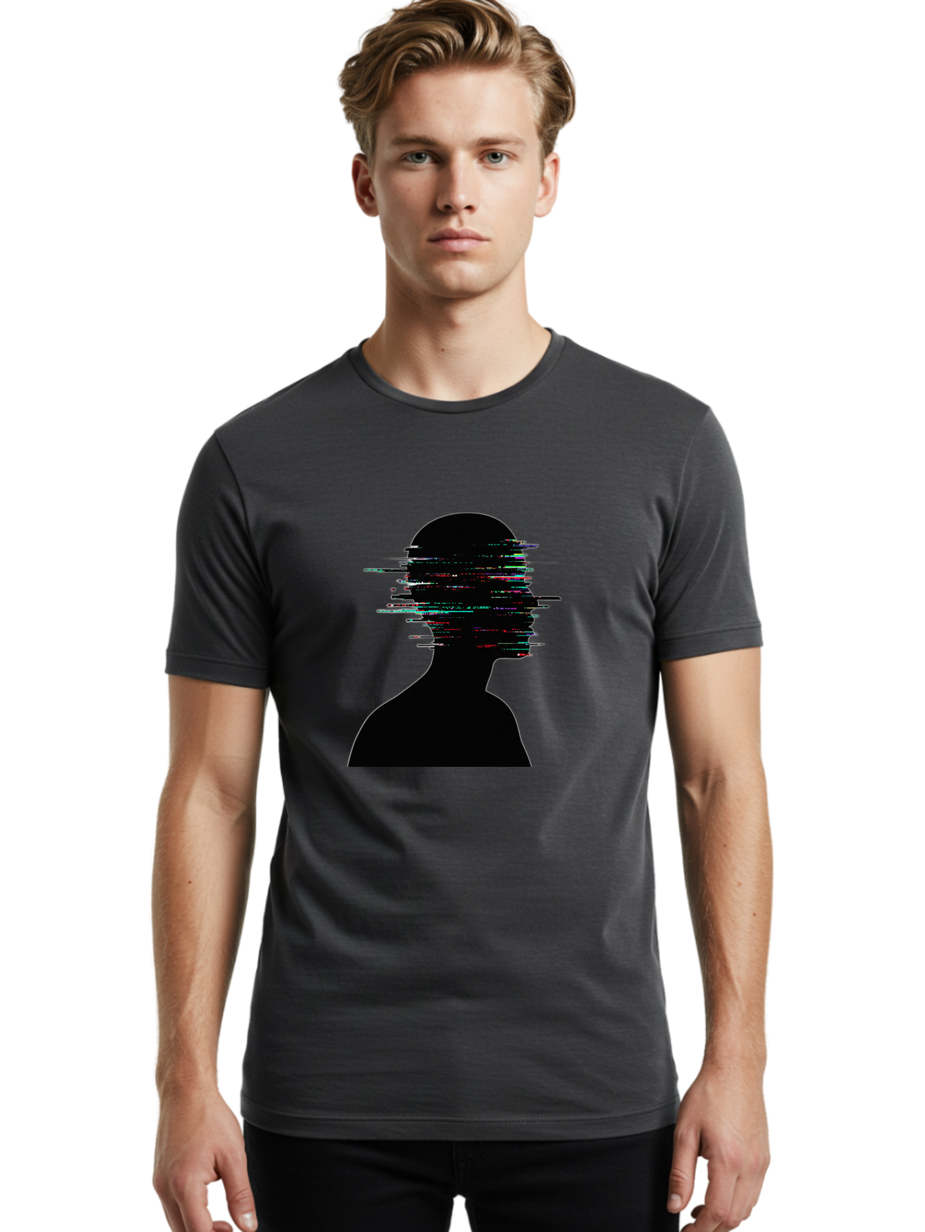 Glitching-Human-Silhouette Men'S Graphic Tee, 100% Cotton, Comfortable Casual Summer Wear, Machine Washable, Vintage Camera, Old Camera, Antique Camera, Black Camera, Classic Photography, Photography Equipment, Nostalgic Device, Film Camera, Bak696