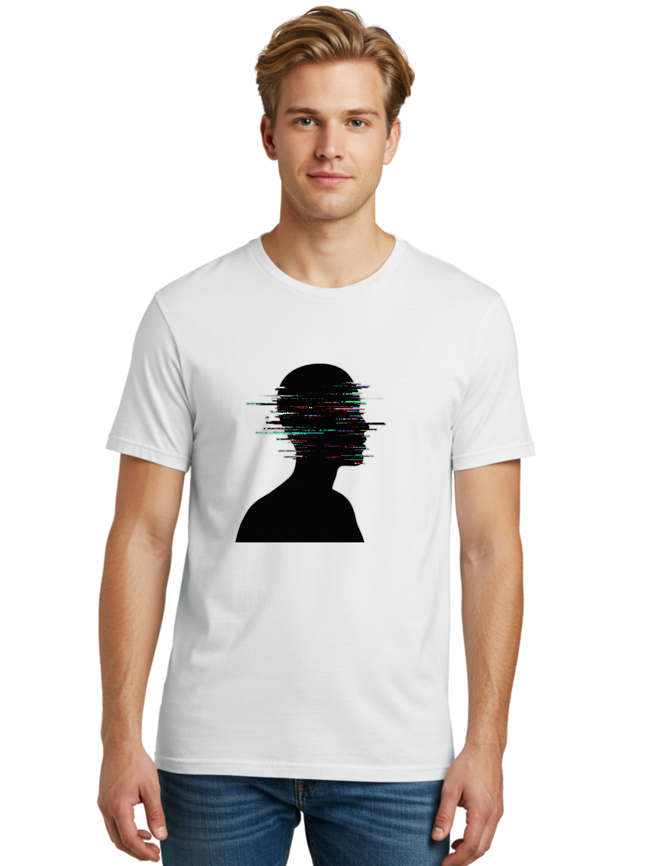 Glitching-Human-Silhouette Men'S Graphic Tee, 100% Cotton, Comfortable Casual Summer Wear, Machine Washable, Vintage Camera, Old Camera, Antique Camera, Black Camera, Classic Photography, Photography Equipment, Nostalgic Device, Film Camera, Bak696