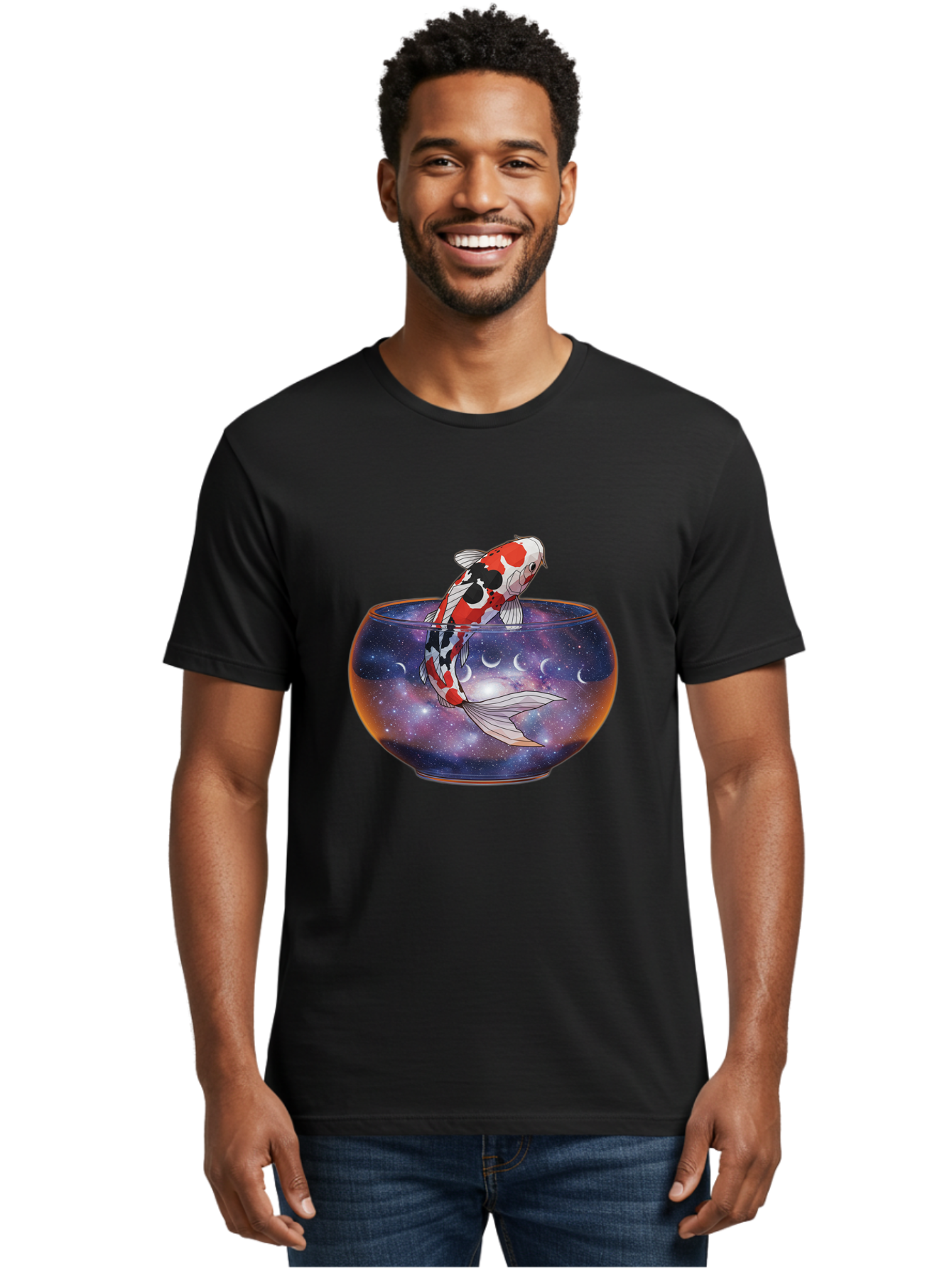Koi-Fish-In-Galaxy-Bowl-1 Men'S Graphic Tee, 100% Cotton, Comfortable Casual Summer Wear, Machine Washable, Vintage Camera, Old Camera, Antique Camera, Black Camera, Classic Photography, Photography Equipment, Nostalgic Device, Film Camera, Bak793