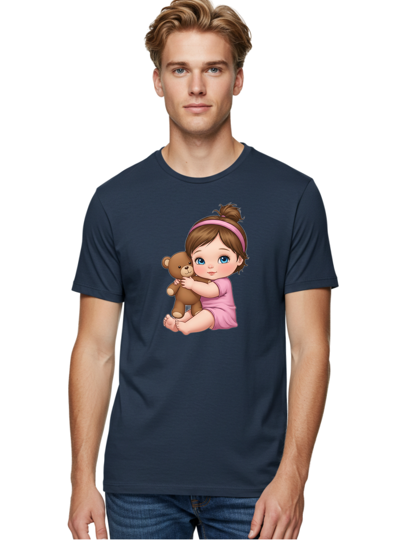 Little-Girl-Hugging-Teddy-Bear-1 Men'S Graphic Tee, 100% Cotton, Comfortable Casual Summer Wear, Machine Washable, Vintage Camera, Old Camera, Antique Camera, Black Camera, Classic Photography, Photography Equipment, Nostalgic Device, Bak819