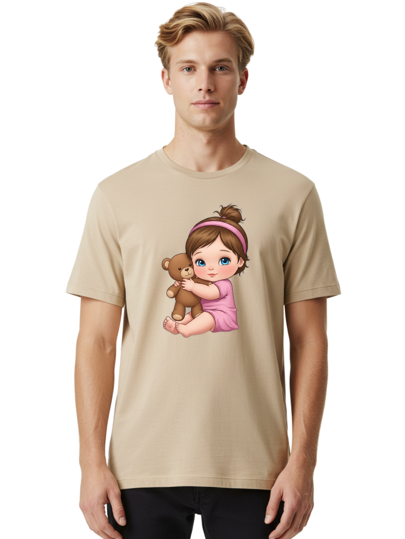Little-Girl-Hugging-Teddy-Bear-1 Men'S Graphic Tee, 100% Cotton, Comfortable Casual Summer Wear, Machine Washable, Vintage Camera, Old Camera, Antique Camera, Black Camera, Classic Photography, Photography Equipment, Nostalgic Device, Bak819