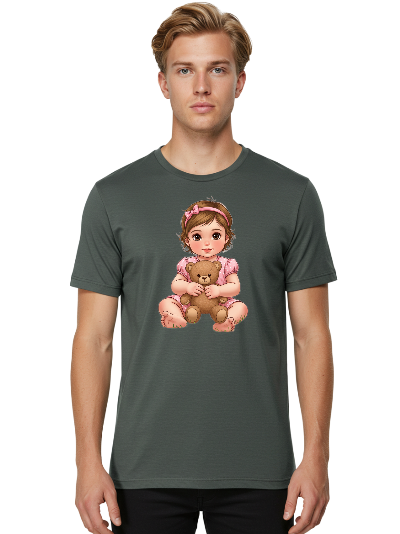 Little-Girl-Hugging-Teddy-Bear-2 Men'S Graphic Tee, 100% Cotton, Comfortable Casual Summer Wear, Machine Washable, Vintage Camera, Old Camera, Antique Camera, Black Camera, Classic Photography, Photography Equipment, Nostalgic Device, Bak820