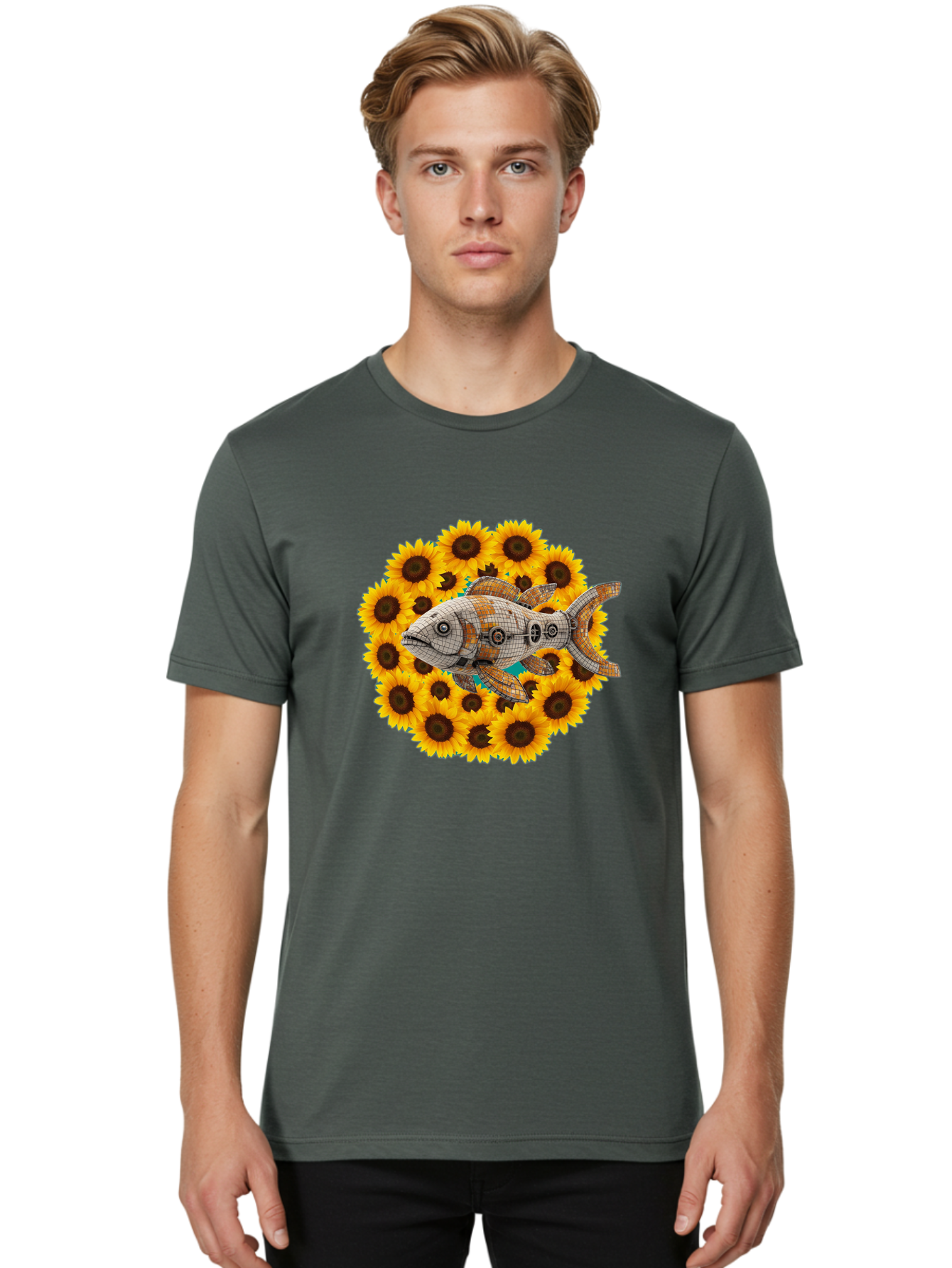 Mechanical-Fish-Sunflowers Men'S Graphic Tee, 100% Cotton, Comfortable Casual Summer Wear, Machine Washable, Vintage Camera, Old Camera, Antique Camera, Black Camera, Classic Photography, Photography Equipment, Nostalgic Device, Film Camera, Bak857