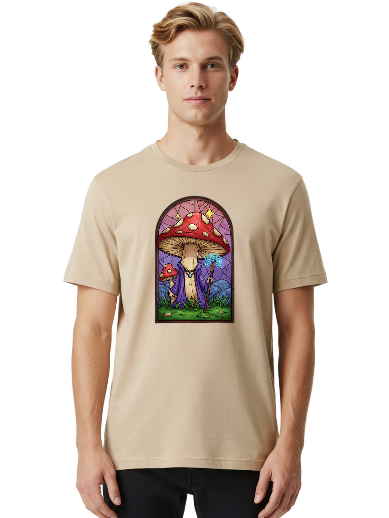 Mushroom-Wizard-Stained-Glass Men'S Graphic Tee, 100% Cotton, Comfortable Casual Summer Wear, Machine Washable, Vintage Camera, Old Camera, Antique Camera, Black Camera, Classic Photography, Photography Equipment, Nostalgic Device, Bak920