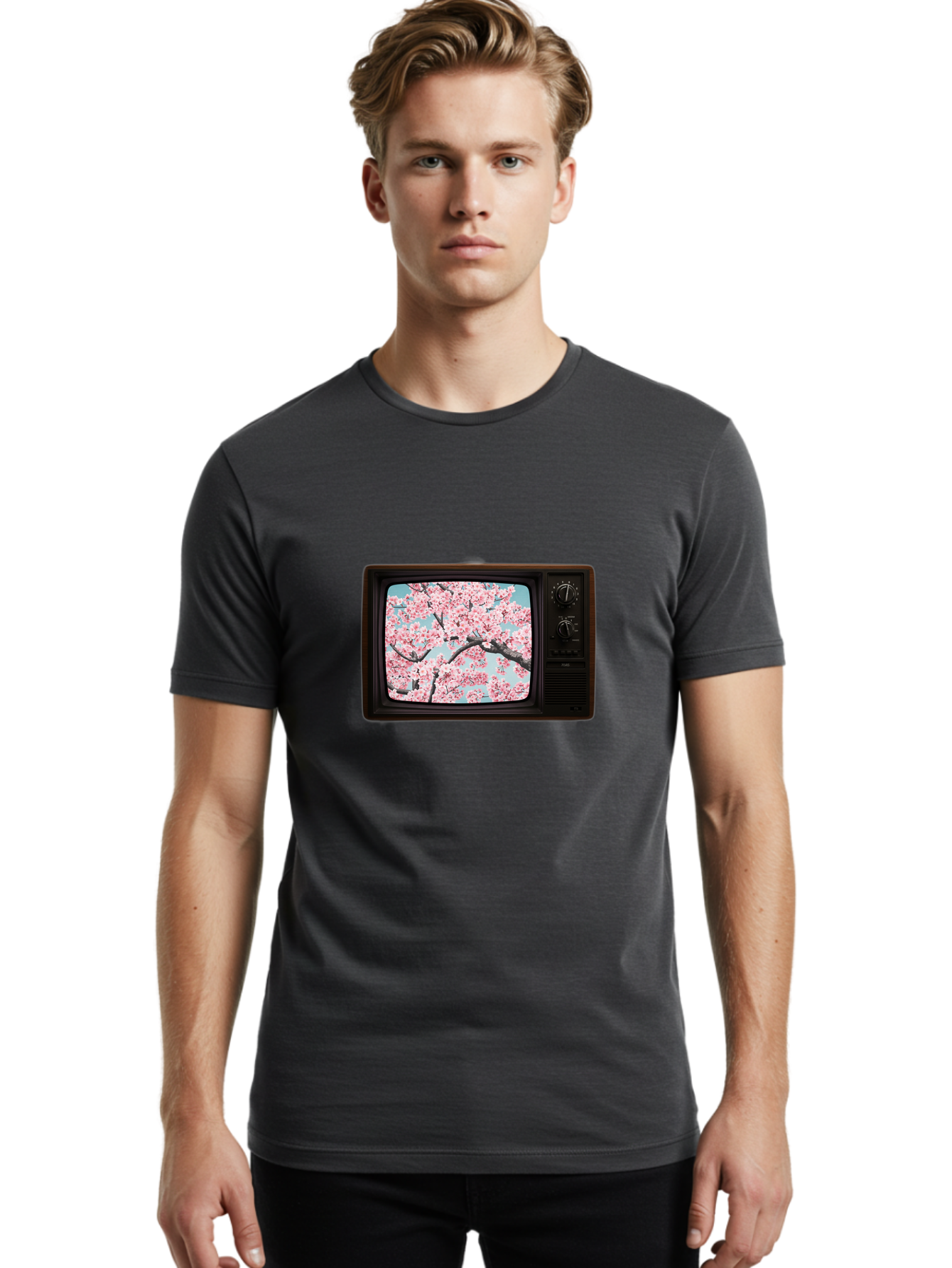 Old-Television-With-Cherry-Blossoms Men'S Graphic Tee, 100% Cotton, Comfortable Casual Summer Wear, Machine Washable, Vintage Camera, Old Camera, Antique Camera, Black Camera, Classic Photography, Photography Equipment, Nostalgic Device, Bak994