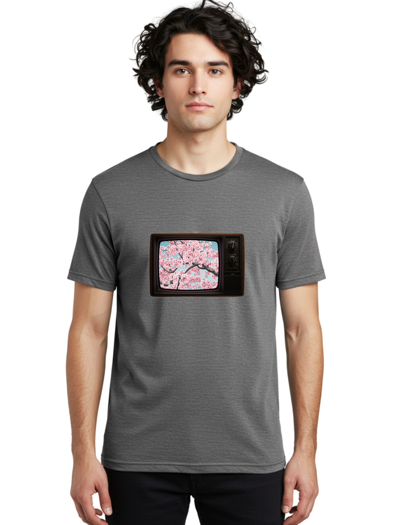 Old-Television-With-Cherry-Blossoms Men'S Graphic Tee, 100% Cotton, Comfortable Casual Summer Wear, Machine Washable, Vintage Camera, Old Camera, Antique Camera, Black Camera, Classic Photography, Photography Equipment, Nostalgic Device, Bak994