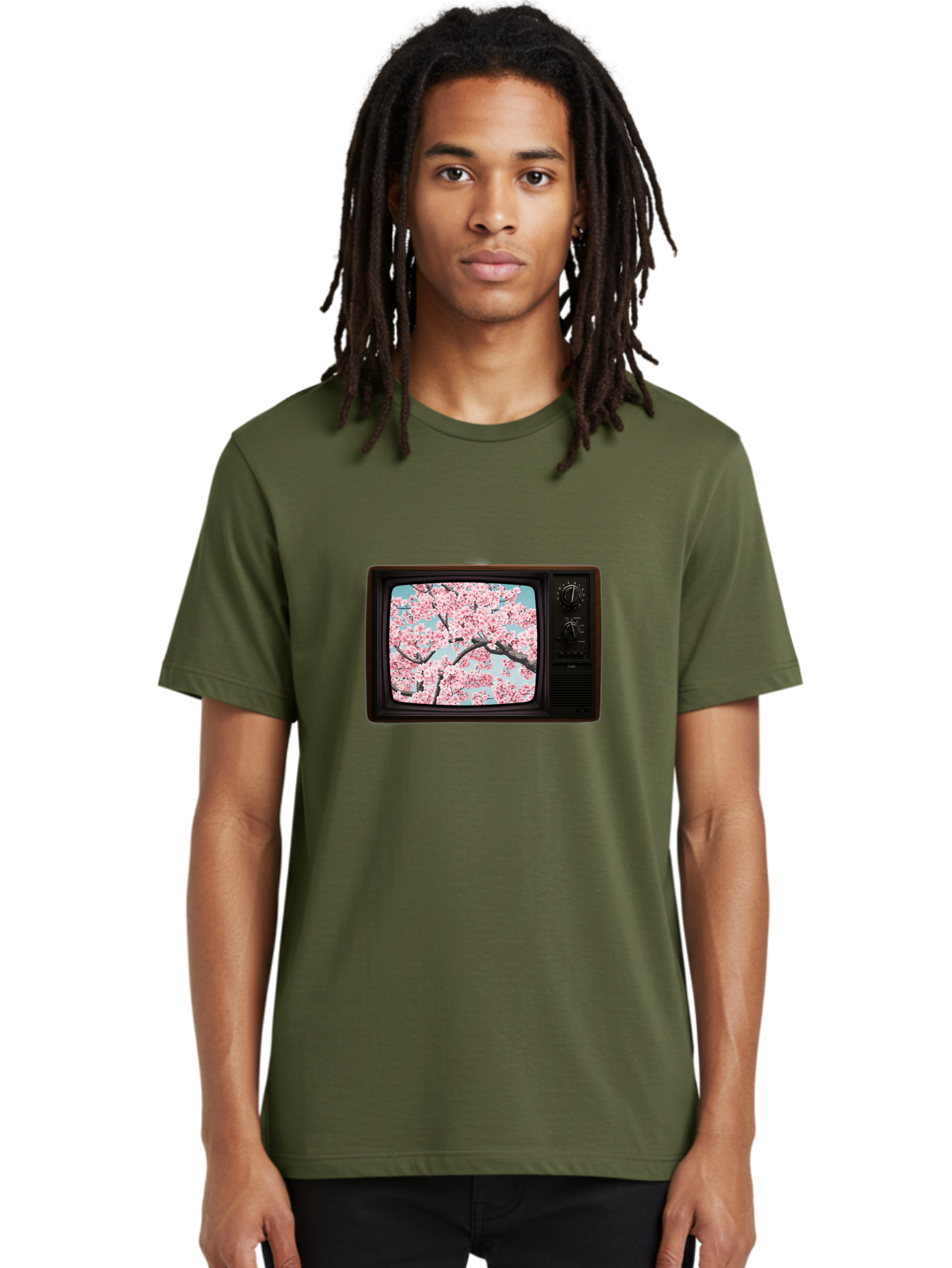 Old-Television-With-Cherry-Blossoms Men'S Graphic Tee, 100% Cotton, Comfortable Casual Summer Wear, Machine Washable, Vintage Camera, Old Camera, Antique Camera, Black Camera, Classic Photography, Photography Equipment, Nostalgic Device, Bak994