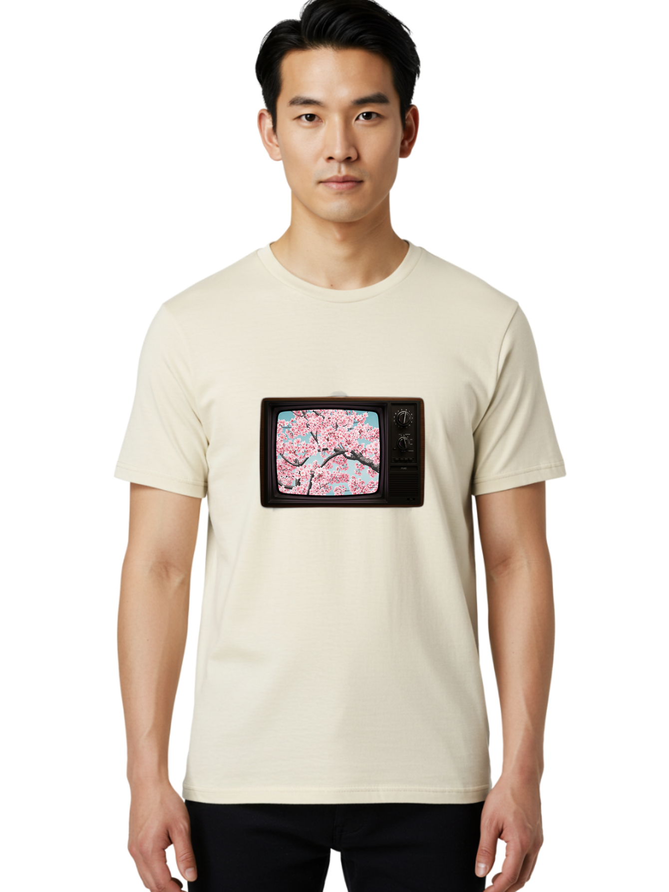 Old-Television-With-Cherry-Blossoms Men'S Graphic Tee, 100% Cotton, Comfortable Casual Summer Wear, Machine Washable, Vintage Camera, Old Camera, Antique Camera, Black Camera, Classic Photography, Photography Equipment, Nostalgic Device, Bak994