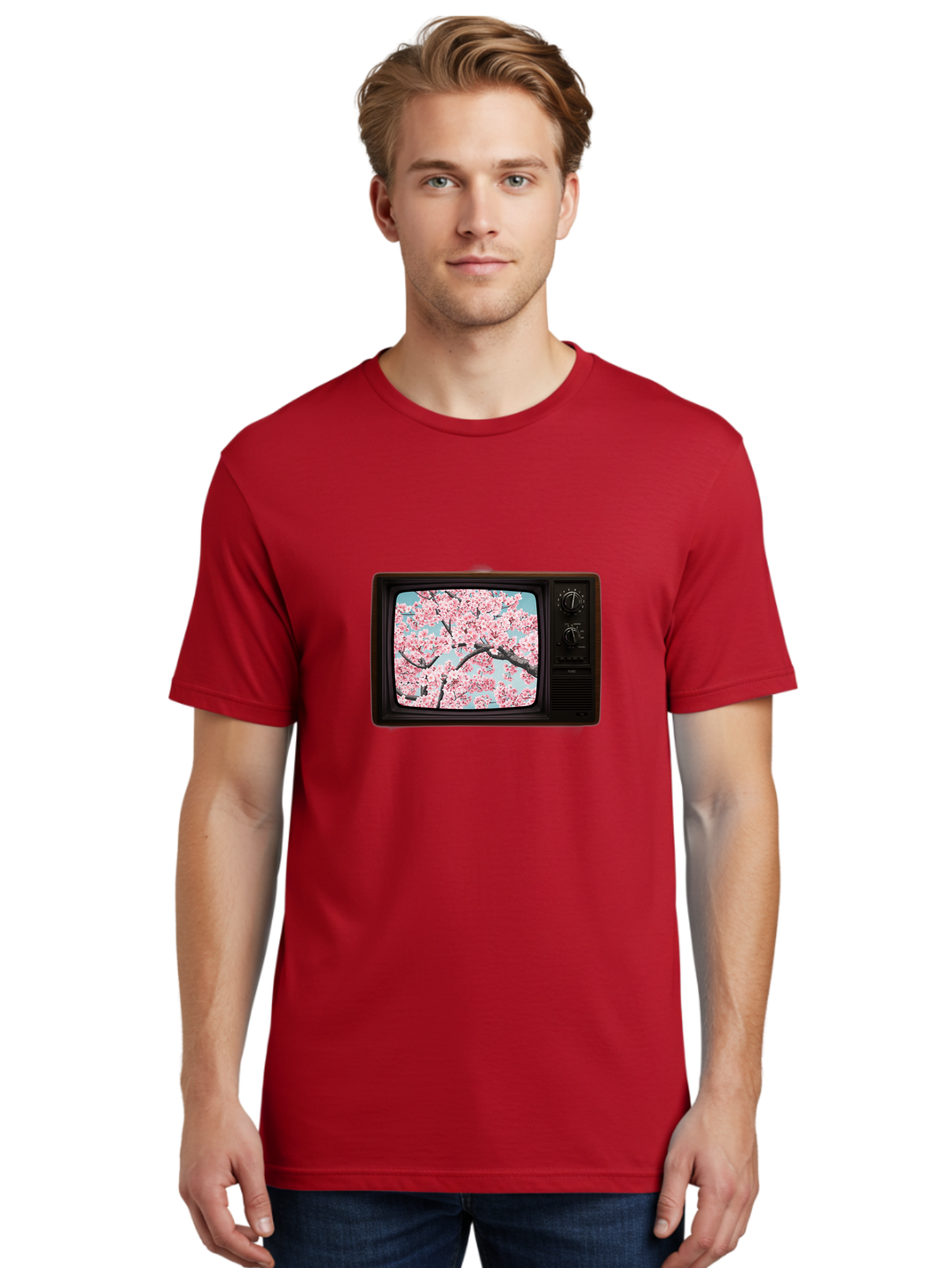 Old-Television-With-Cherry-Blossoms Men'S Graphic Tee, 100% Cotton, Comfortable Casual Summer Wear, Machine Washable, Vintage Camera, Old Camera, Antique Camera, Black Camera, Classic Photography, Photography Equipment, Nostalgic Device, Bak994