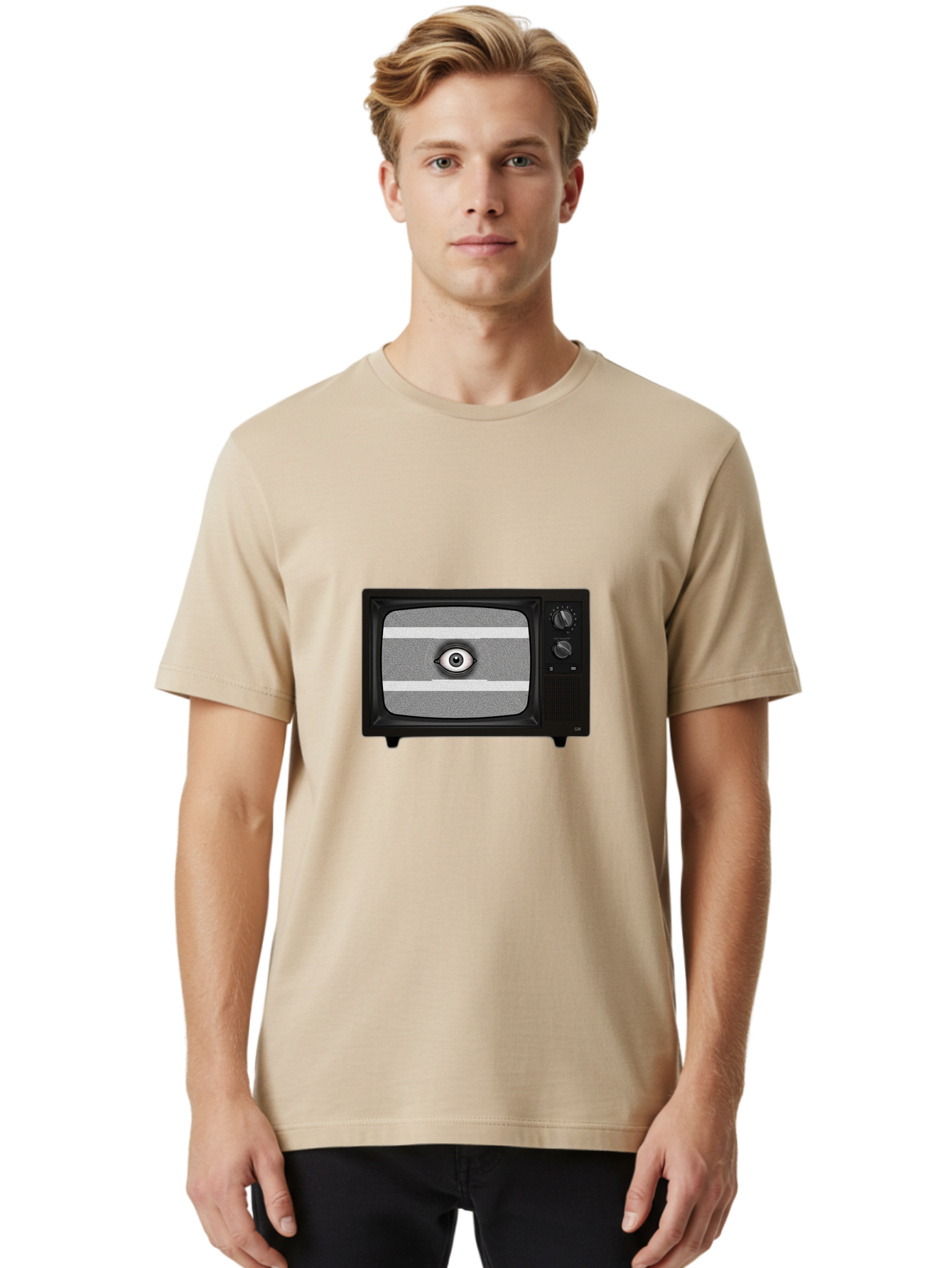 Old-Tv-With-Eye Men'S Graphic Tee, 100% Cotton, Comfortable Casual Summer Wear, Machine Washable, Vintage Camera, Old Camera, Antique Camera, Black Camera, Classic Photography, Photography Equipment, Nostalgic Device, Film Camera, Camera Art Bak996
