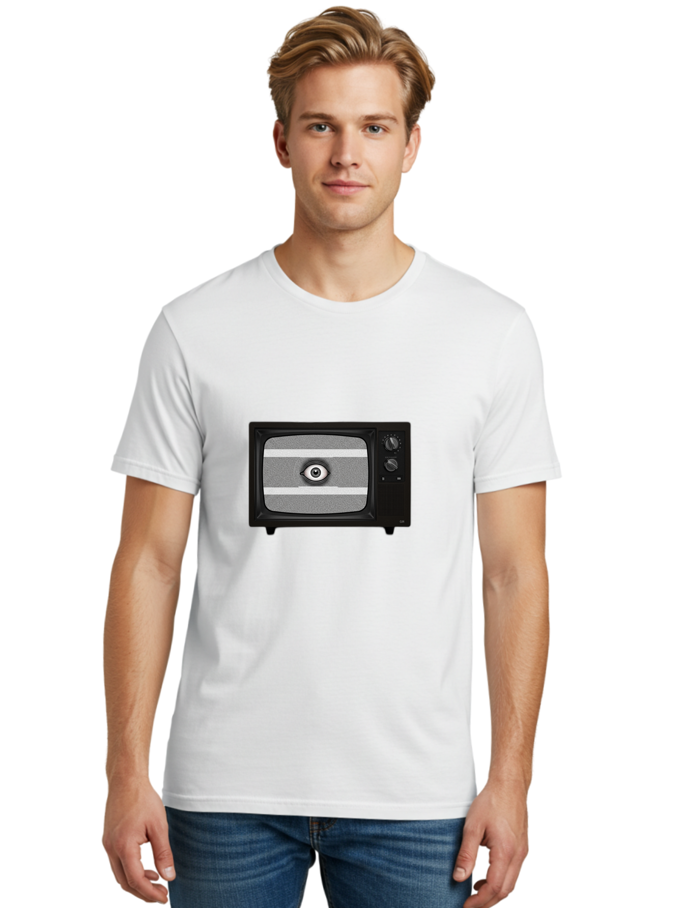 Old-Tv-With-Eye Men'S Graphic Tee, 100% Cotton, Comfortable Casual Summer Wear, Machine Washable, Vintage Camera, Old Camera, Antique Camera, Black Camera, Classic Photography, Photography Equipment, Nostalgic Device, Film Camera, Camera Art Bak996