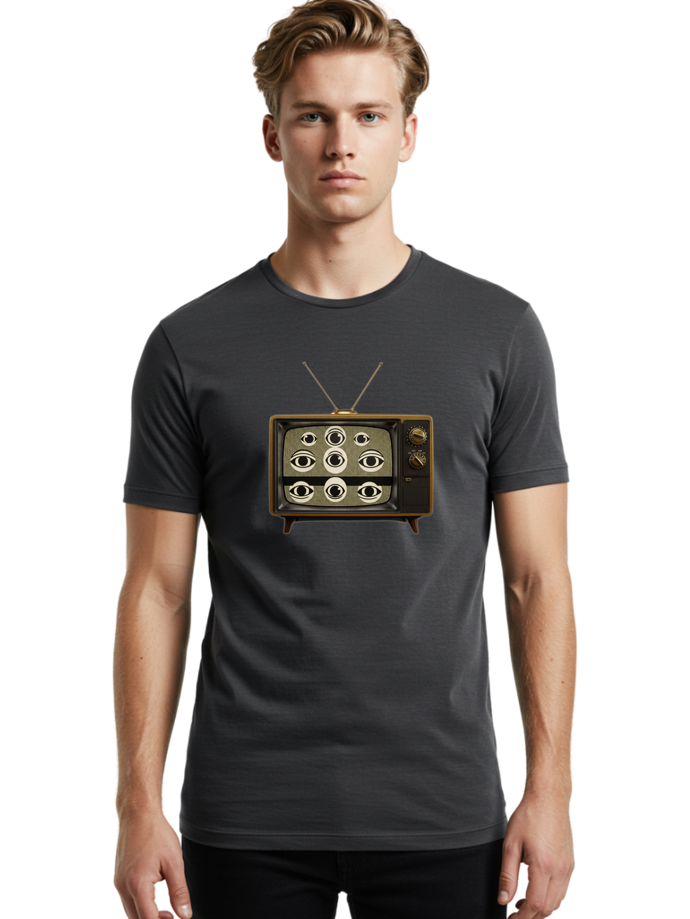 Old-Tv-With-Eyes Men'S Graphic Tee, 100% Cotton, Comfortable Casual Summer Wear, Machine Washable, Vintage Camera, Old Camera, Antique Camera, Black Camera, Classic Photography, Photography Equipment, Nostalgic Device, Film Camera, Camera Art Bak997