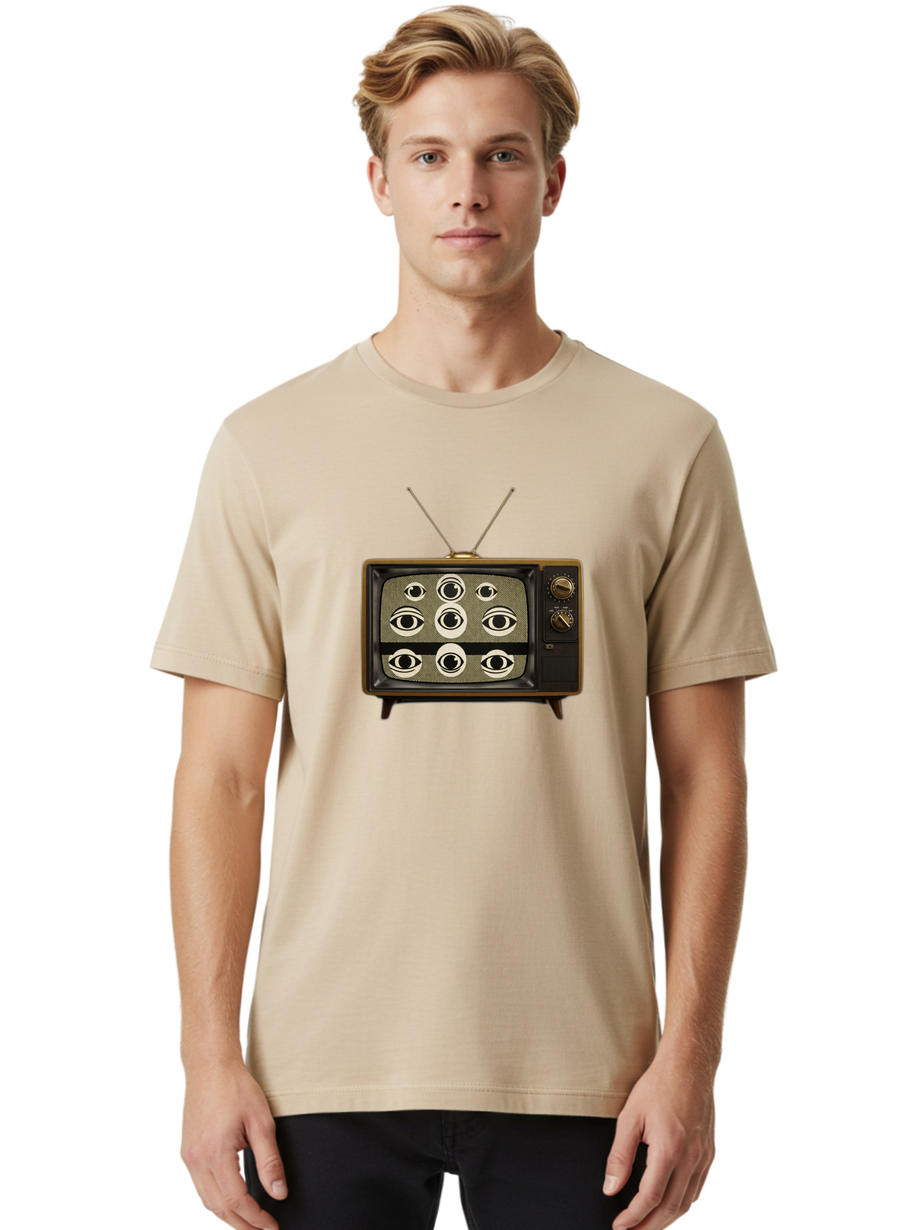 Old-Tv-With-Eyes Men'S Graphic Tee, 100% Cotton, Comfortable Casual Summer Wear, Machine Washable, Vintage Camera, Old Camera, Antique Camera, Black Camera, Classic Photography, Photography Equipment, Nostalgic Device, Film Camera, Camera Art Bak997