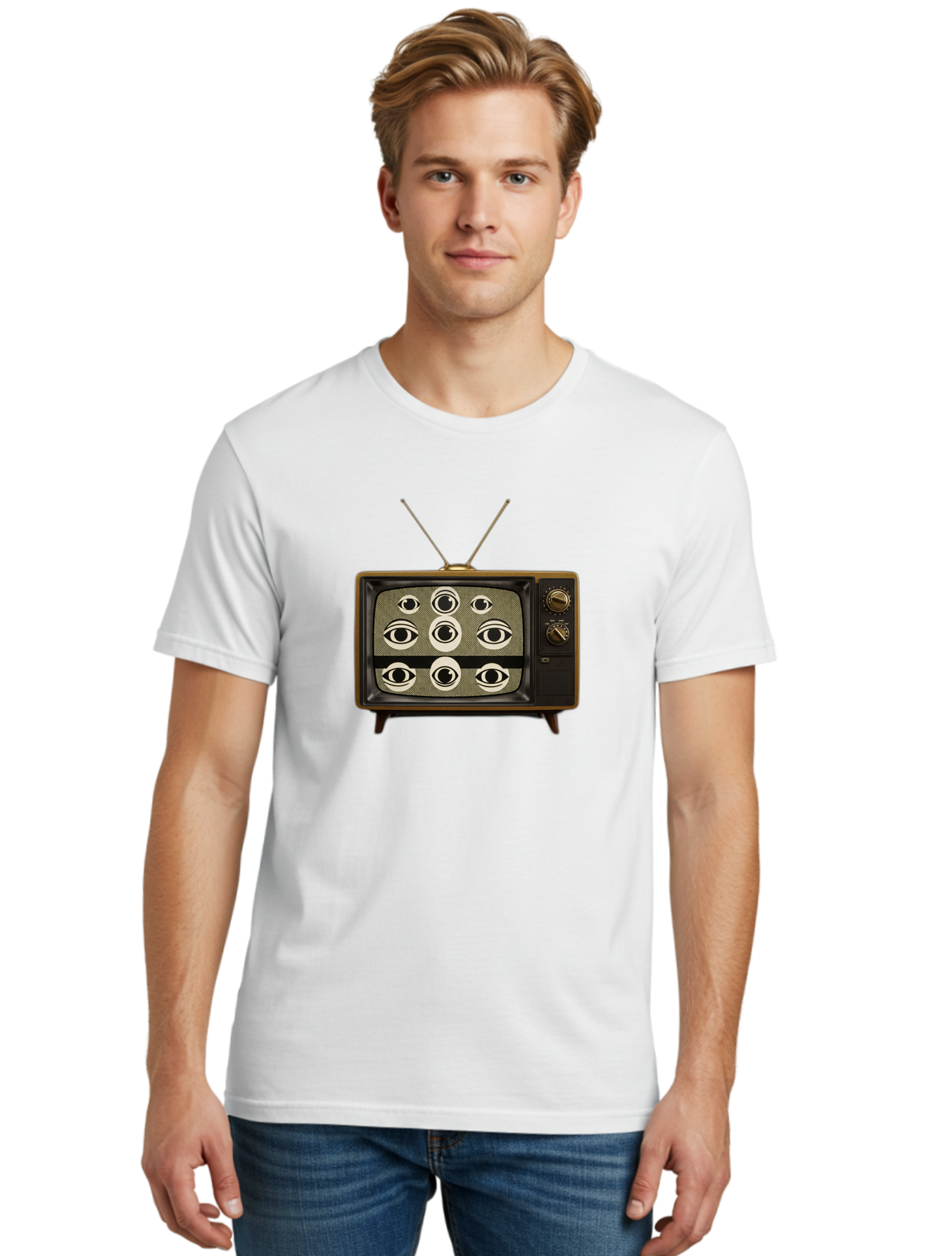 Old-Tv-With-Eyes Men'S Graphic Tee, 100% Cotton, Comfortable Casual Summer Wear, Machine Washable, Vintage Camera, Old Camera, Antique Camera, Black Camera, Classic Photography, Photography Equipment, Nostalgic Device, Film Camera, Camera Art Bak997