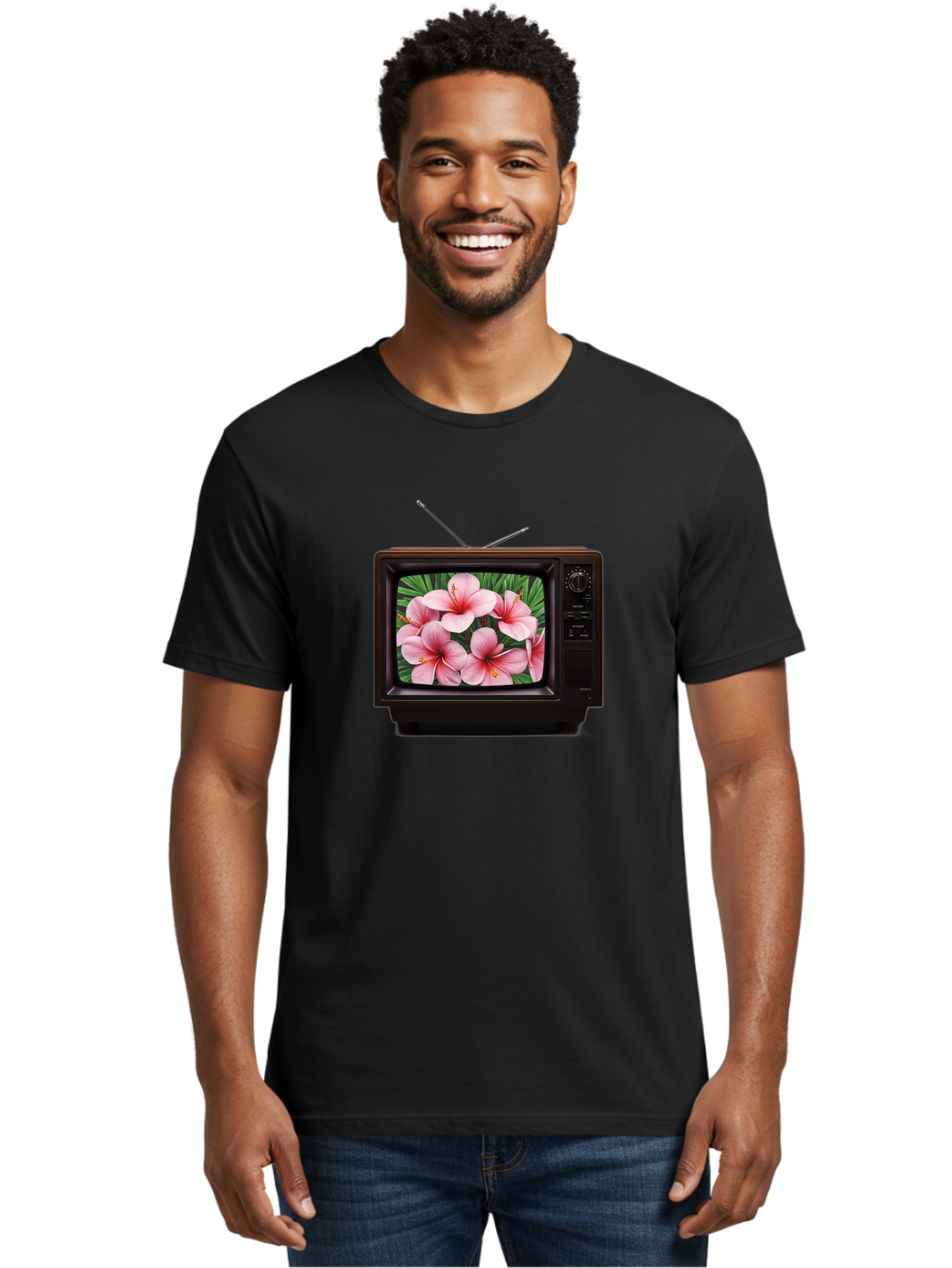 Old-Tv-With-Hibiscus-Flowers Men'S Graphic Tee, 100% Cotton, Comfortable Casual Summer Wear, Machine Washable, Vintage Camera, Old Camera, Antique Camera, Black Camera, Classic Photography, Photography Equipment, Nostalgic Device, Film Camera, Bak998