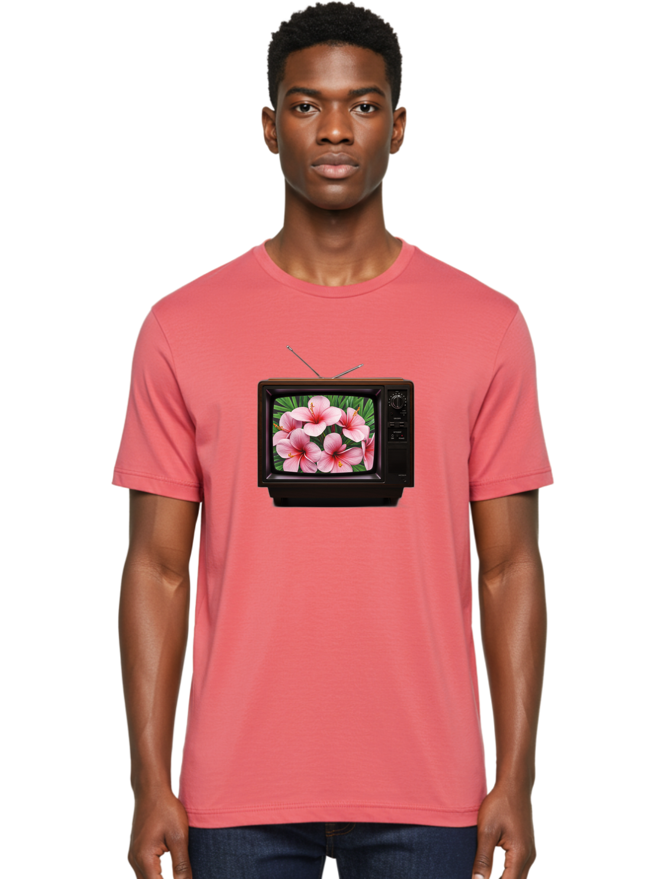 Old-Tv-With-Hibiscus-Flowers Men'S Graphic Tee, 100% Cotton, Comfortable Casual Summer Wear, Machine Washable, Vintage Camera, Old Camera, Antique Camera, Black Camera, Classic Photography, Photography Equipment, Nostalgic Device, Film Camera, Bak998
