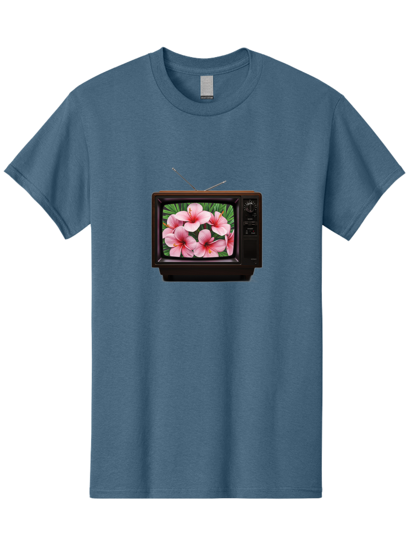 Old-Tv-With-Hibiscus-Flowers Men'S Graphic Tee, 100% Cotton, Comfortable Casual Summer Wear, Machine Washable, Vintage Camera, Old Camera, Antique Camera, Black Camera, Classic Photography, Photography Equipment, Nostalgic Device, Film Camera, Bak998