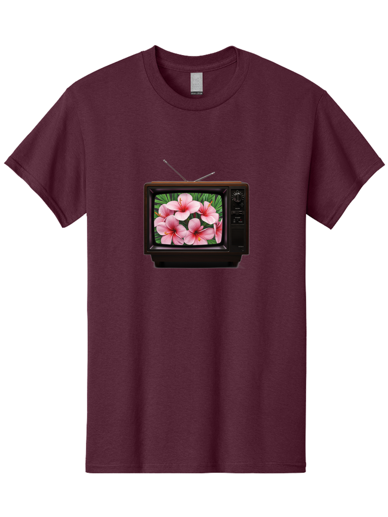 Old-Tv-With-Hibiscus-Flowers Men'S Graphic Tee, 100% Cotton, Comfortable Casual Summer Wear, Machine Washable, Vintage Camera, Old Camera, Antique Camera, Black Camera, Classic Photography, Photography Equipment, Nostalgic Device, Film Camera, Bak998