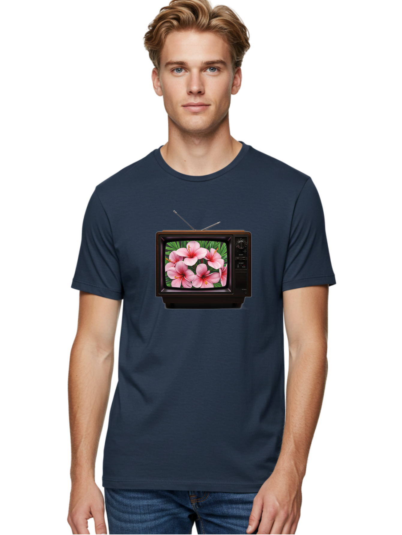 Old-Tv-With-Hibiscus-Flowers Men'S Graphic Tee, 100% Cotton, Comfortable Casual Summer Wear, Machine Washable, Vintage Camera, Old Camera, Antique Camera, Black Camera, Classic Photography, Photography Equipment, Nostalgic Device, Film Camera, Bak998