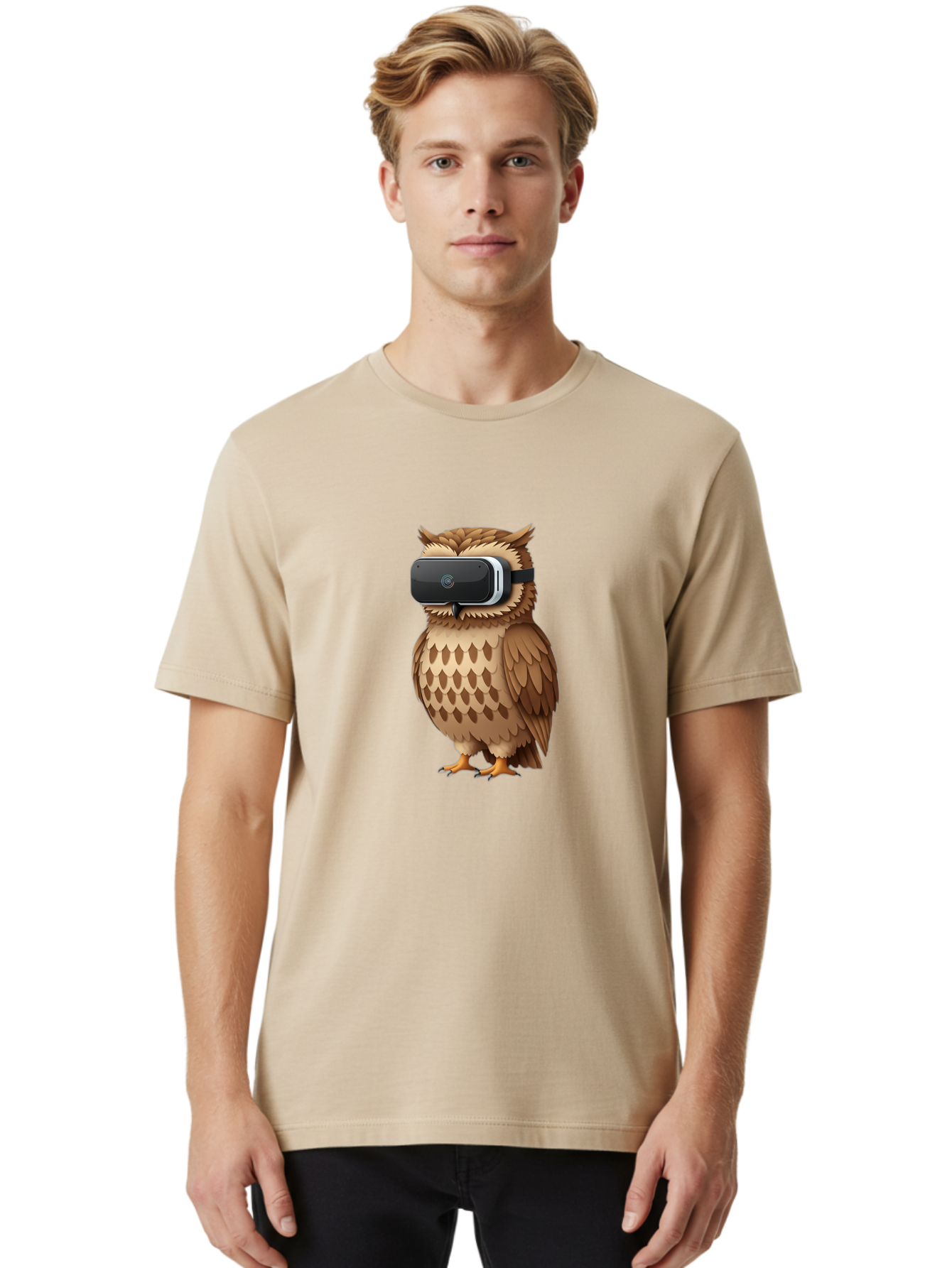 Owl-Wearing-Vr-Headset-1 Men'S Graphic Tee, 100% Cotton, Comfortable Casual Summer Wear, Machine Washable, Vintage Camera, Old Camera, Antique Camera, Black Camera, Classic Photography, Photography Equipment, Nostalgic Device, Film Camera, Bal026