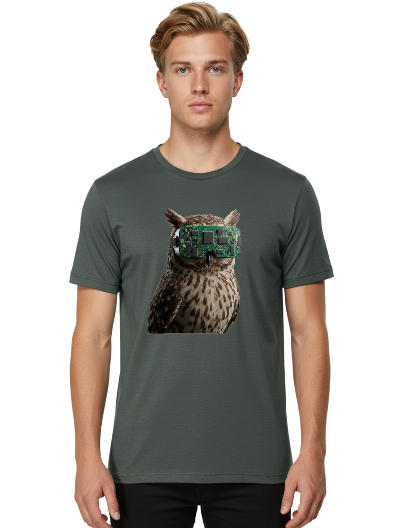 Owl-With-Circuit-Board-Vr-Goggles Men'S Graphic Tee, 100% Cotton, Comfortable Casual Summer Wear, Machine Washable, Vintage Camera, Old Camera, Antique Camera, Black Camera, Classic Photography, Photography Equipment, Nostalgic Device, Bal028