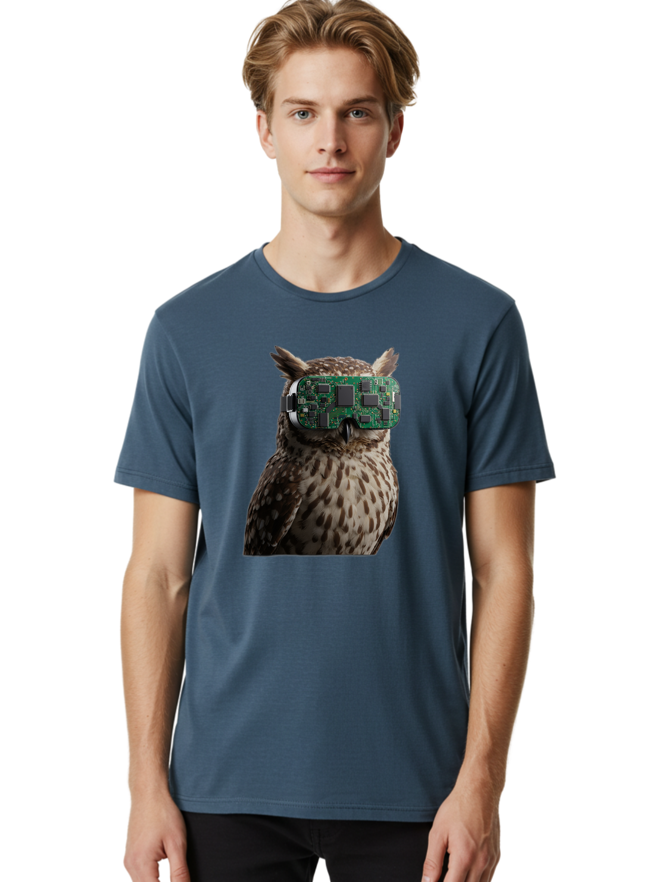 Owl-With-Circuit-Board-Vr-Goggles Men'S Graphic Tee, 100% Cotton, Comfortable Casual Summer Wear, Machine Washable, Vintage Camera, Old Camera, Antique Camera, Black Camera, Classic Photography, Photography Equipment, Nostalgic Device, Bal028
