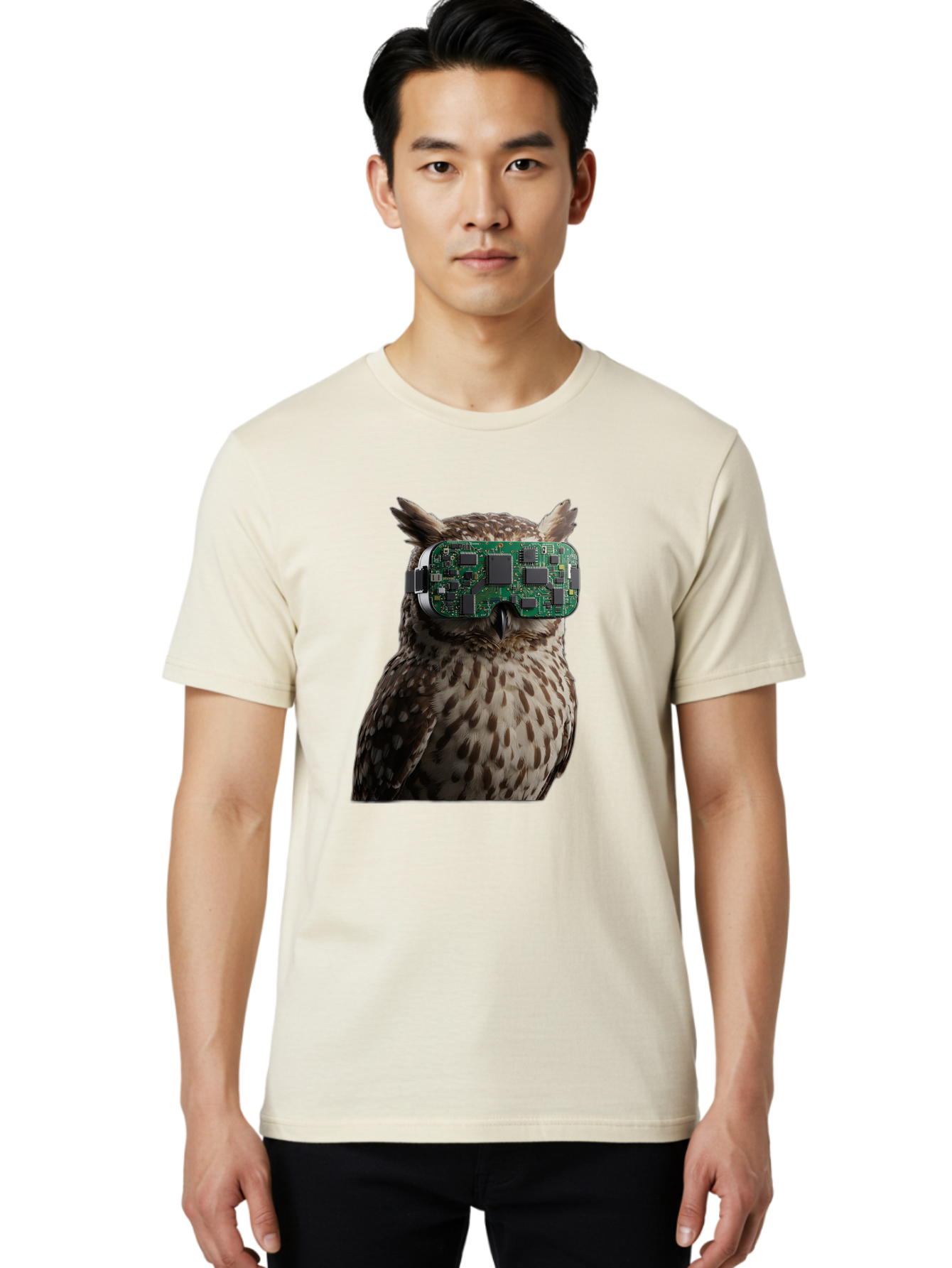 Owl-With-Circuit-Board-Vr-Goggles Men'S Graphic Tee, 100% Cotton, Comfortable Casual Summer Wear, Machine Washable, Vintage Camera, Old Camera, Antique Camera, Black Camera, Classic Photography, Photography Equipment, Nostalgic Device, Bal028