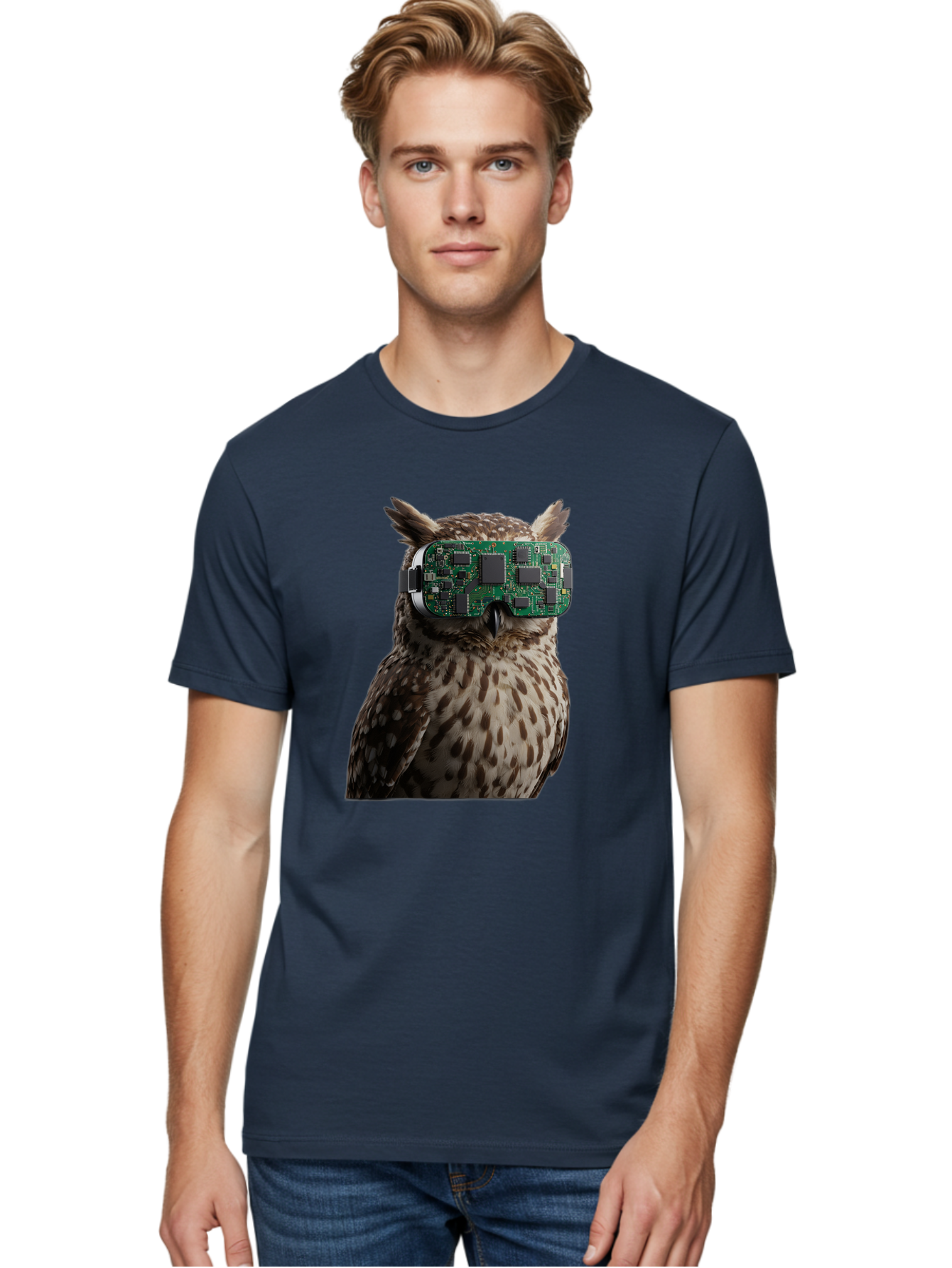 Owl-With-Circuit-Board-Vr-Goggles Men'S Graphic Tee, 100% Cotton, Comfortable Casual Summer Wear, Machine Washable, Vintage Camera, Old Camera, Antique Camera, Black Camera, Classic Photography, Photography Equipment, Nostalgic Device, Bal028