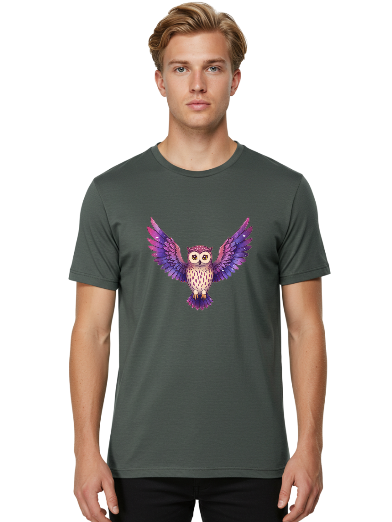 Owl-With-Galaxy-Feathers Men'S Graphic Tee, 100% Cotton, Comfortable Casual Summer Wear, Machine Washable, Vintage Camera, Old Camera, Antique Camera, Black Camera, Classic Photography, Photography Equipment, Nostalgic Device, Film Camera, Bal029