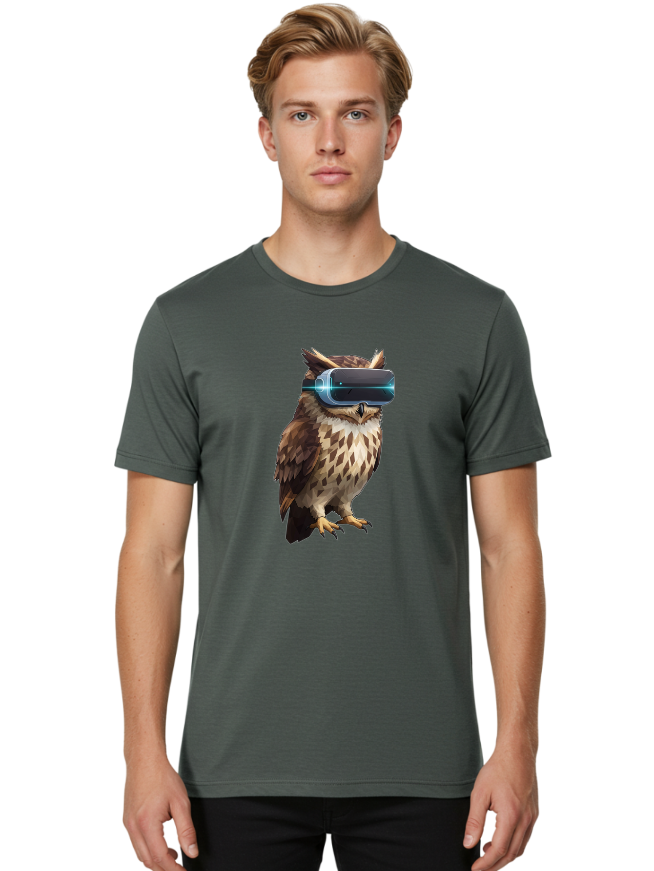 Owl-With-Vr-Headset-1 Men'S Graphic Tee, 100% Cotton, Comfortable Casual Summer Wear, Machine Washable, Vintage Camera, Old Camera, Antique Camera, Black Camera, Classic Photography, Photography Equipment, Nostalgic Device, Film Camera, Bal032