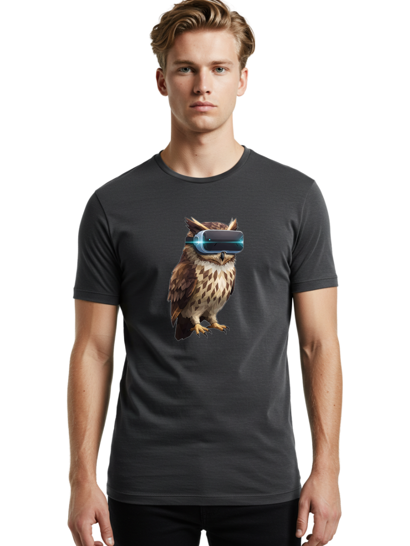Owl-With-Vr-Headset-1 Men'S Graphic Tee, 100% Cotton, Comfortable Casual Summer Wear, Machine Washable, Vintage Camera, Old Camera, Antique Camera, Black Camera, Classic Photography, Photography Equipment, Nostalgic Device, Film Camera, Bal032