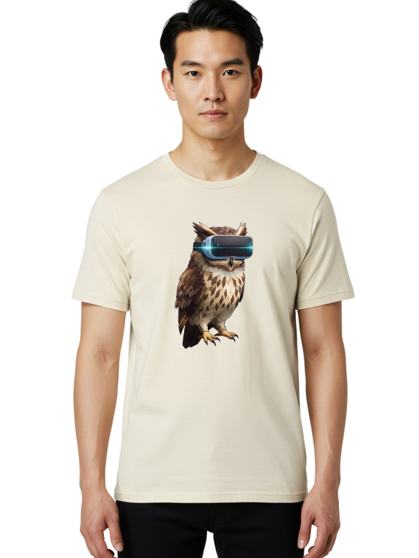 Owl-With-Vr-Headset-1 Men'S Graphic Tee, 100% Cotton, Comfortable Casual Summer Wear, Machine Washable, Vintage Camera, Old Camera, Antique Camera, Black Camera, Classic Photography, Photography Equipment, Nostalgic Device, Film Camera, Bal032
