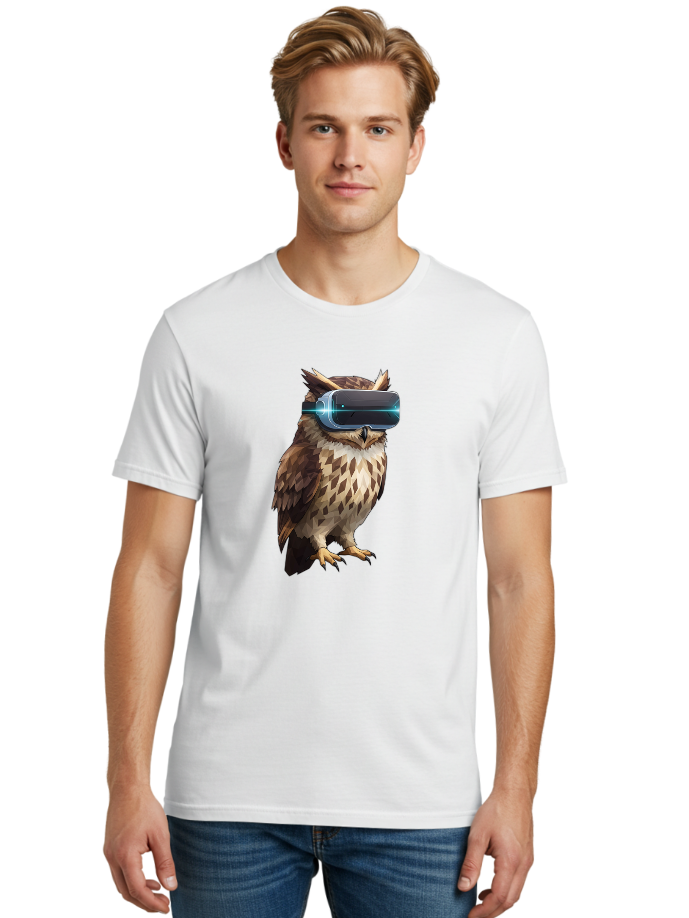Owl-With-Vr-Headset-1 Men'S Graphic Tee, 100% Cotton, Comfortable Casual Summer Wear, Machine Washable, Vintage Camera, Old Camera, Antique Camera, Black Camera, Classic Photography, Photography Equipment, Nostalgic Device, Film Camera, Bal032