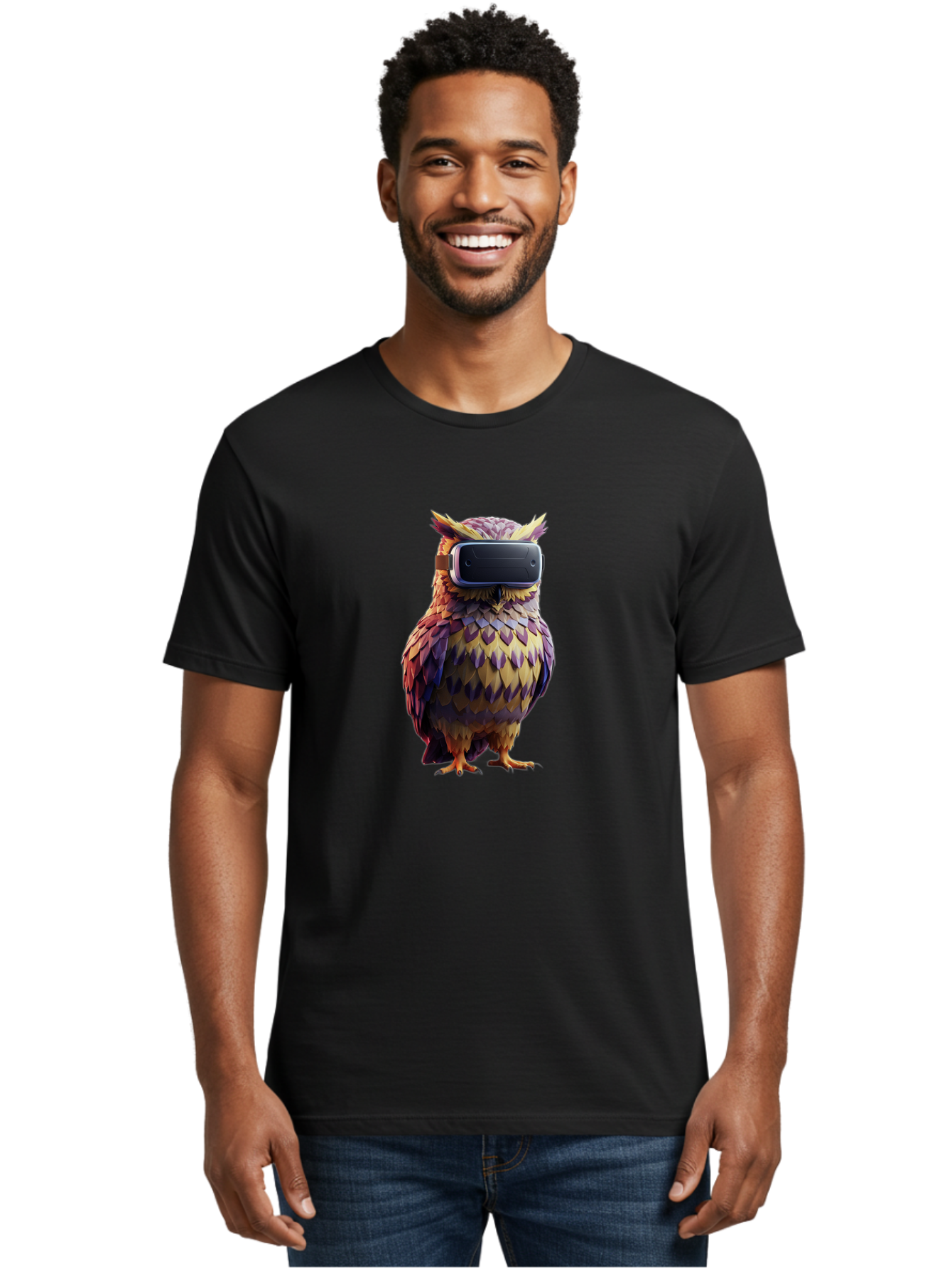 Owl-With-Vr-Headset-3 Men'S Graphic Tee, 100% Cotton, Comfortable Casual Summer Wear, Machine Washable, Vintage Camera, Old Camera, Antique Camera, Black Camera, Classic Photography, Photography Equipment, Nostalgic Device, Film Camera, Bal034