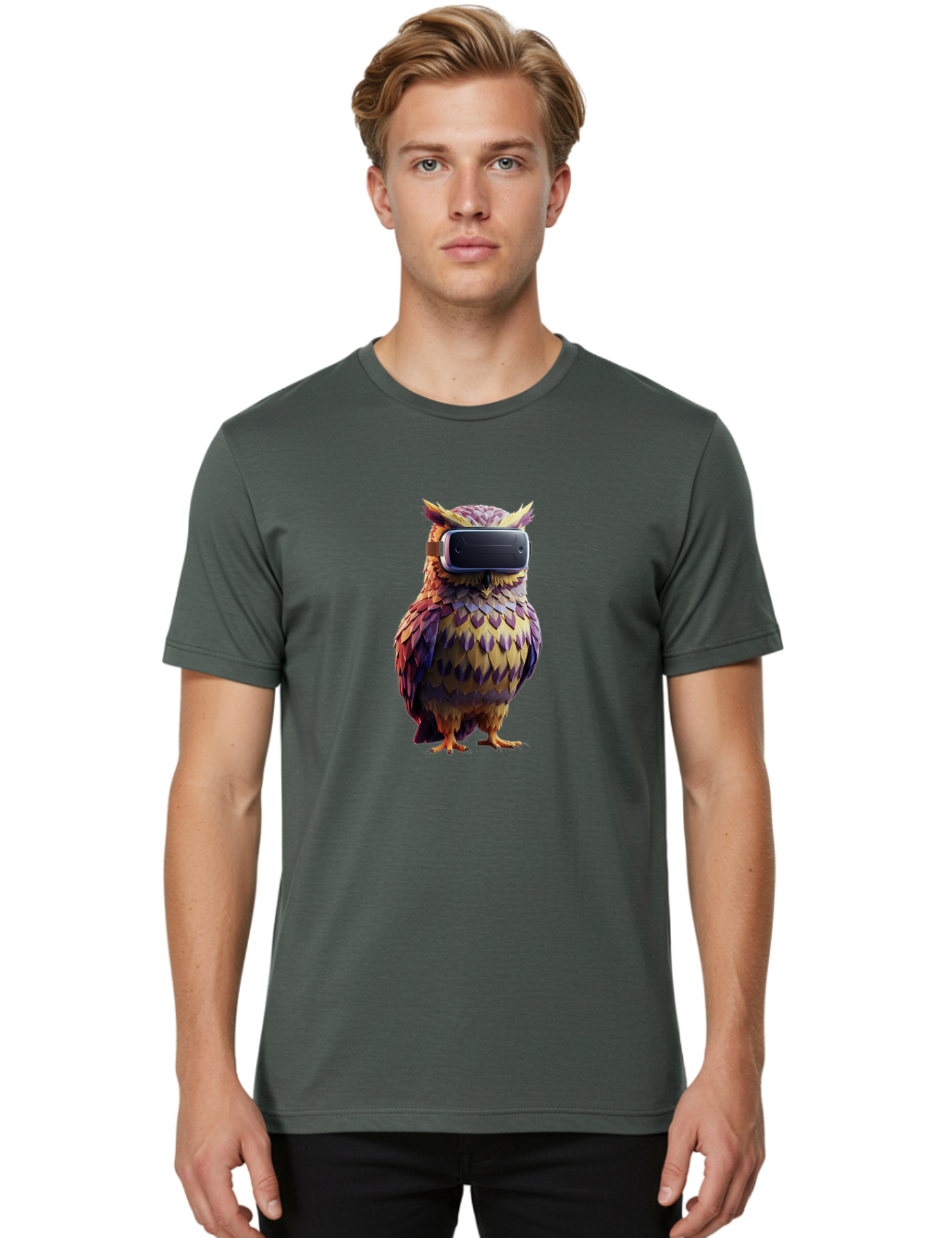 Owl-With-Vr-Headset-3 Men'S Graphic Tee, 100% Cotton, Comfortable Casual Summer Wear, Machine Washable, Vintage Camera, Old Camera, Antique Camera, Black Camera, Classic Photography, Photography Equipment, Nostalgic Device, Film Camera, Bal034