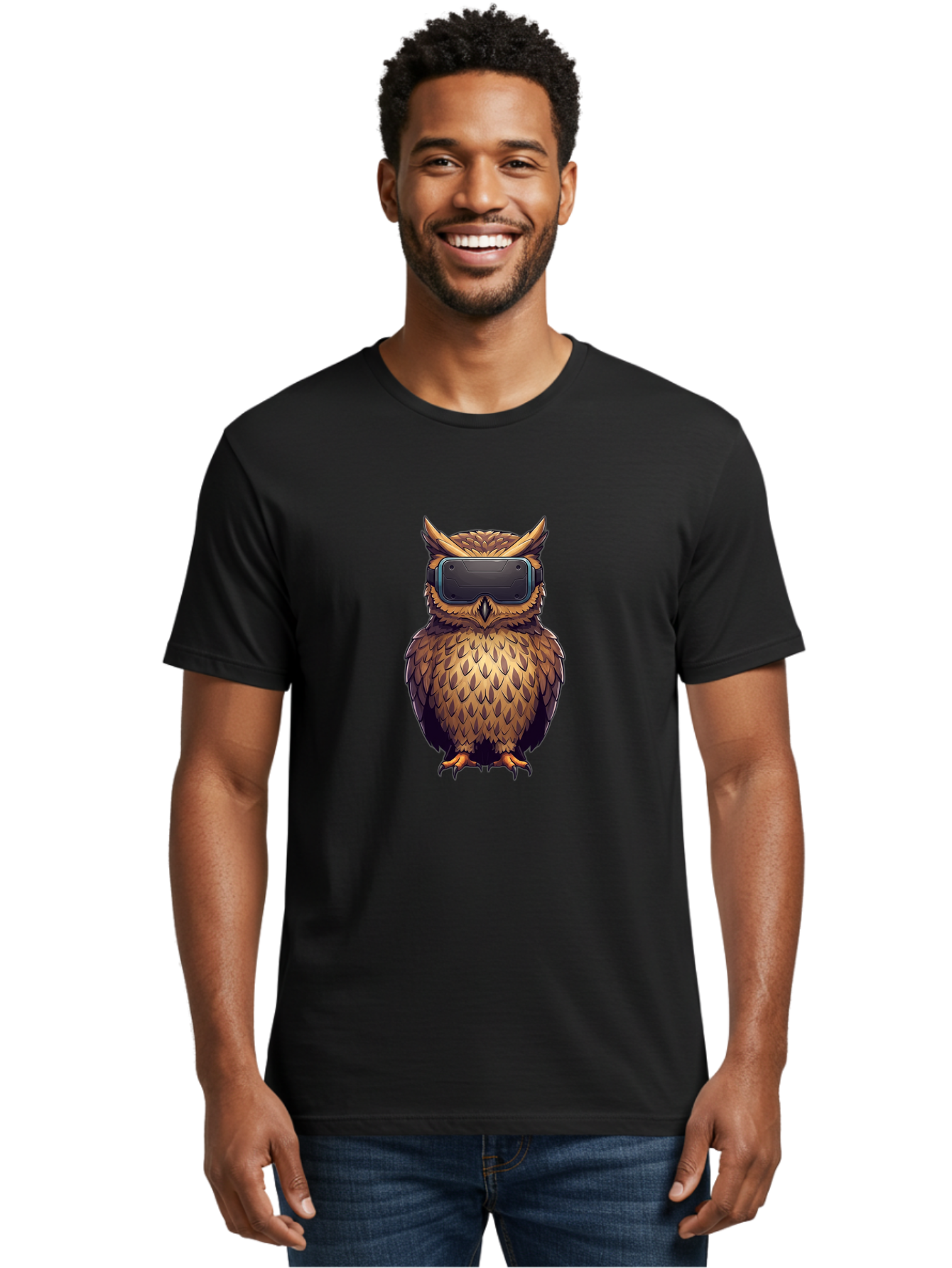 Owl-With-Vr-Headset-4 Men'S Graphic Tee, 100% Cotton, Comfortable Casual Summer Wear, Machine Washable, Vintage Camera, Old Camera, Antique Camera, Black Camera, Classic Photography, Photography Equipment, Nostalgic Device, Film Camera, Bal035