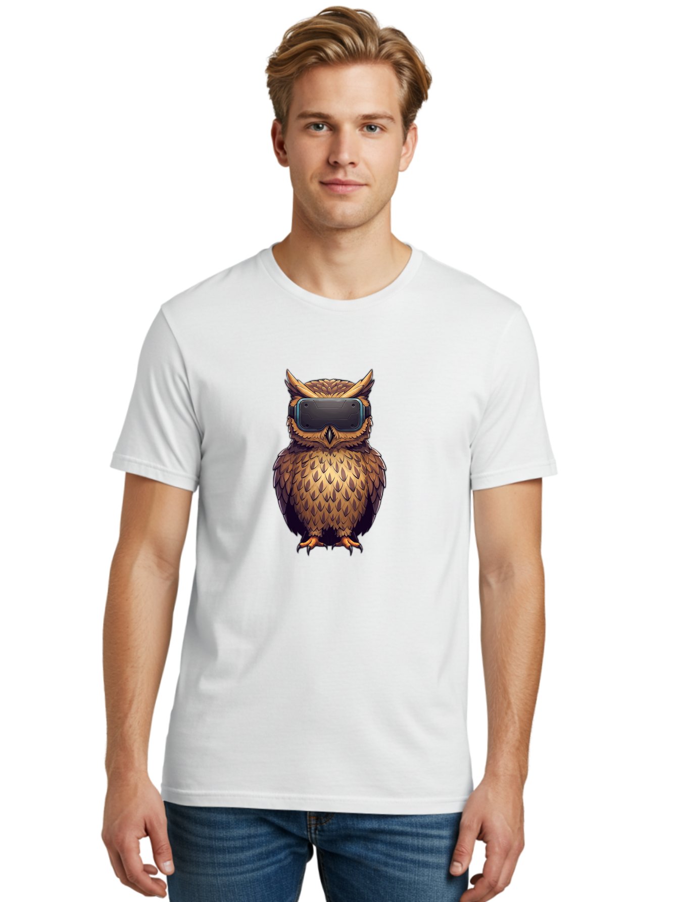 Owl-With-Vr-Headset-4 Men'S Graphic Tee, 100% Cotton, Comfortable Casual Summer Wear, Machine Washable, Vintage Camera, Old Camera, Antique Camera, Black Camera, Classic Photography, Photography Equipment, Nostalgic Device, Film Camera, Bal035