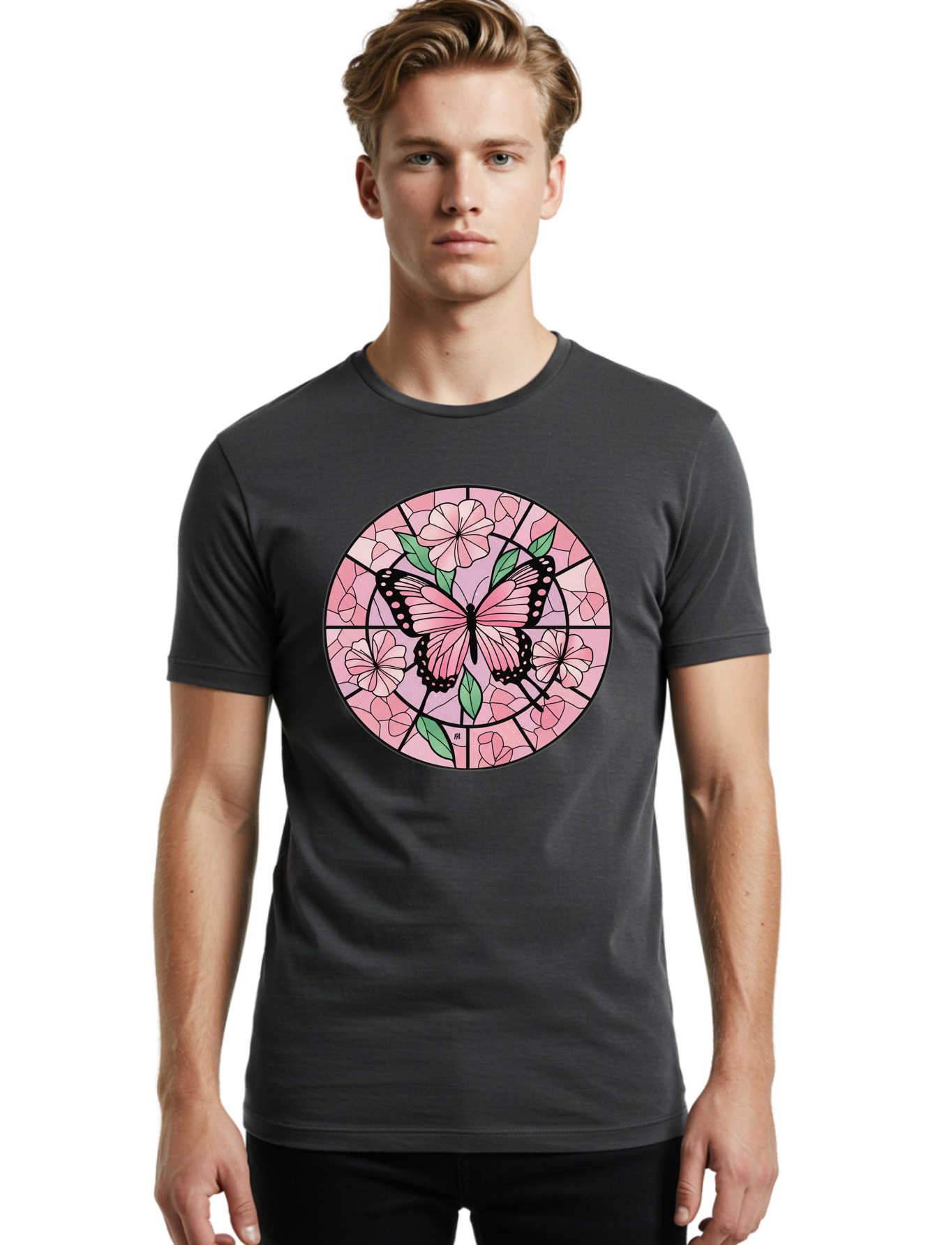Pink-Butterfly-Stained-Glass Men'S Graphic Tee, 100% Cotton, Comfortable Casual Summer Wear, Machine Washable, Vintage Camera, Old Camera, Antique Camera, Black Camera, Classic Photography, Photography Equipment, Nostalgic Device, Film Camera, Bal088